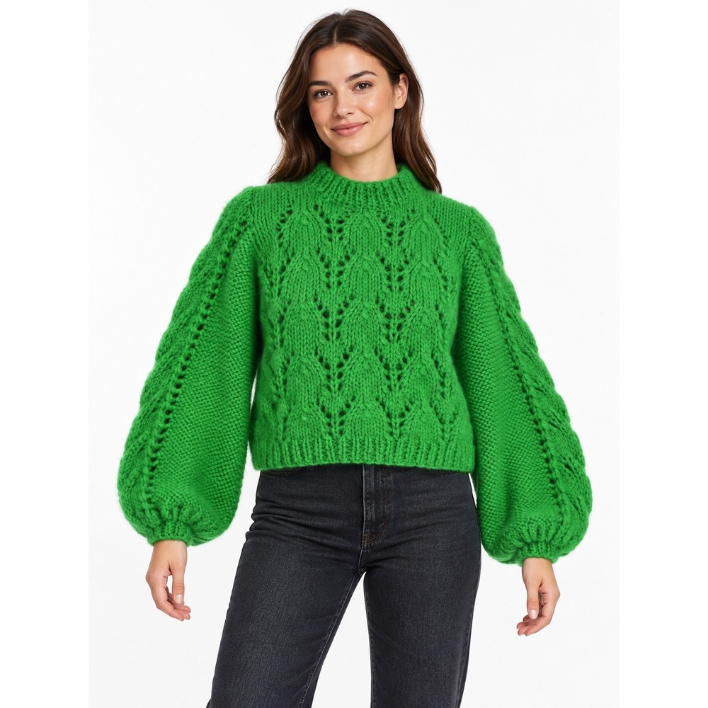 Ganni The Julliard Mohair Wool Sweater Green Balloon Sleeve XL Italy Knitted